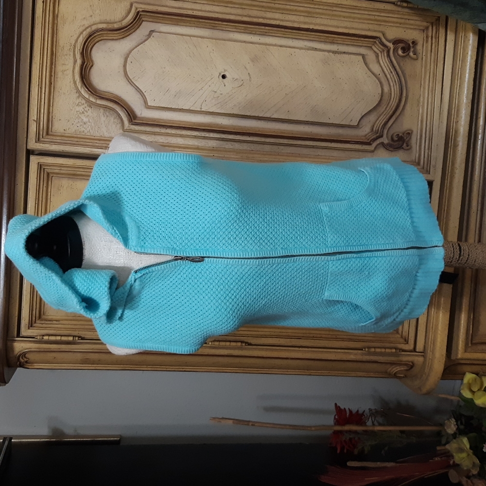 Womens knit zipper vest jacket hooded Sleeveless Sz Large Blue Green BANKS b32